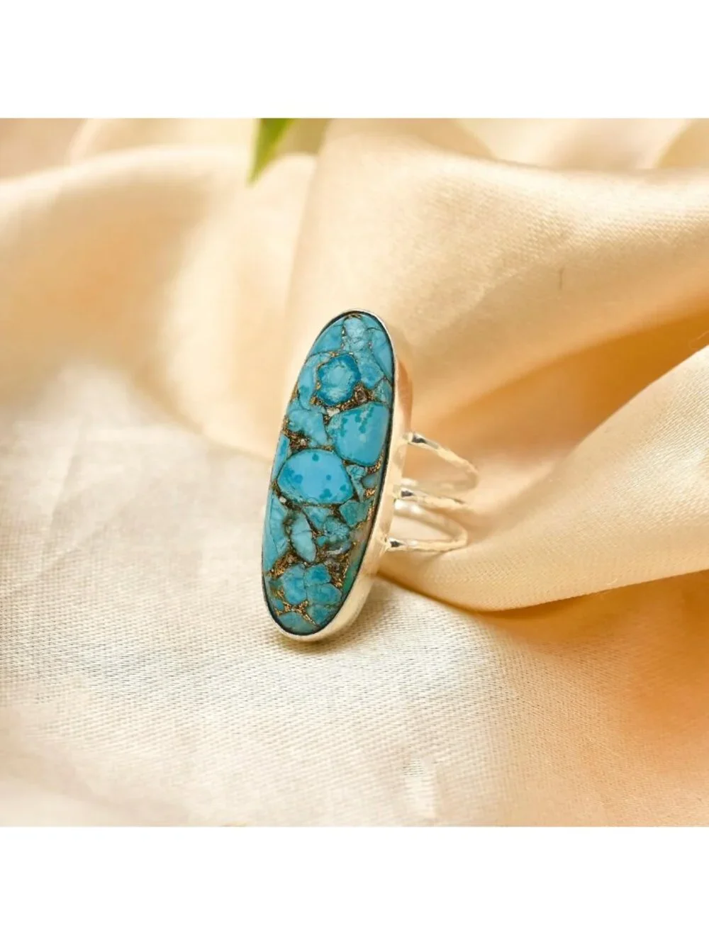 Handmade 925 Sterling Silver Long Oval Turquoise Statement Ring for Women